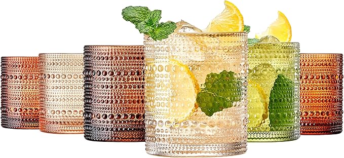 Hobnail Beaded Highball Drinking Tumbler Glasses | Set of 6 | Color, Vintage Bubble Design Whiskey Glassware, Old-Fashioned, Embossed Design for Water, Wine, Cocktail Embossed Heavy Glas, Rocks Glass