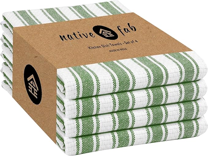 Native Fab Stripe Kitchen Towel - 4 Pack - Basket Weave 100% Cotton Dish Towels - 16x26 inches - Absorbent Towels for Cleaning, Quick Drying, Washable Dish Cloths with Hanging Loop - Mint Green