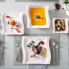 MALACASA Plates and Bowls Sets, 26 Pieces Pink Dinnerware Sets for 6, Porcelain Dinnerware Set with Dinner Plates and Bowls, Serving Platters, Square Dishware Sets, Modern Dish Set, Series Flora