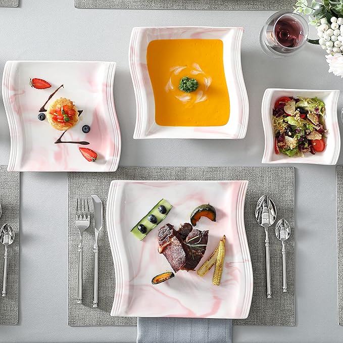 MALACASA Plates and Bowls Sets, 26 Pieces Pink Dinnerware Sets for 6, Porcelain Dinnerware Set with Dinner Plates and Bowls, Serving Platters, Square Dishware Sets, Modern Dish Set, Series Flora