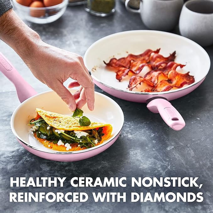 GreenPan Rio Healthy Ceramic Nonstick 16 Piece Cookware Pots and Pans Set, PFAS-Free, Dishwasher Safe, Pink