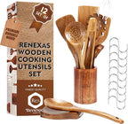 Wooden Spoons for Cooking Utensils, Natural Teak Wooden Cooking Spoons with Nonstick Spatula Set, Bamboo Kitchen Utensils With Holder, Wood Spoon Set for Kitchen Essentials (12)