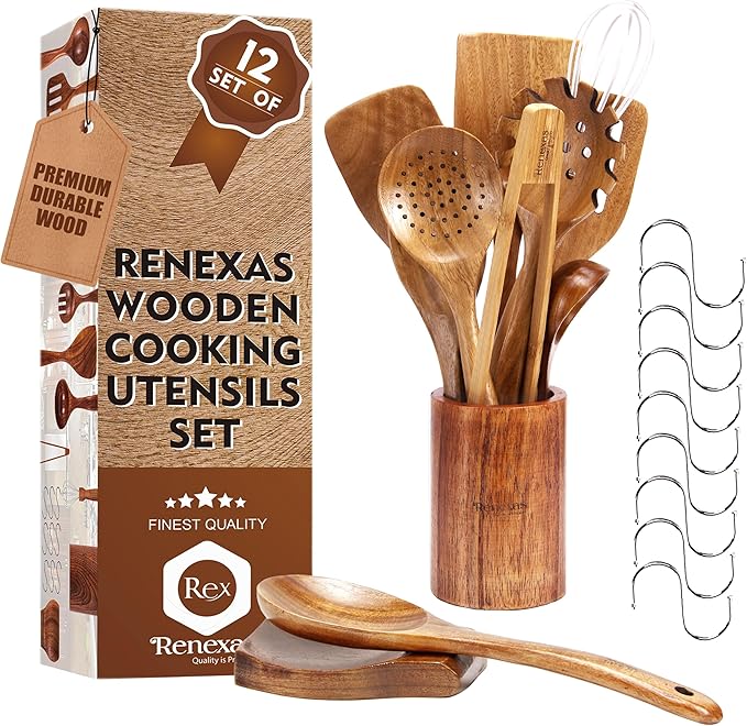 Wooden Spoons for Cooking Utensils, Natural Teak Wooden Cooking Spoons with Nonstick Spatula Set, Bamboo Kitchen Utensils With Holder, Wood Spoon Set for Kitchen Essentials (12)