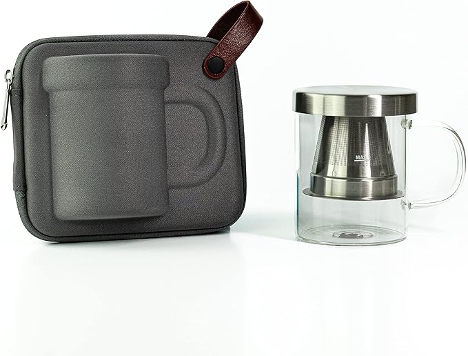 Travel Glass Pour Over Coffee maker Set 4pcs (Gray) | 18/2 Stainless Steel Filter Dripper and Lid | BPA Free Borosilicate Glass Mug | Paperless Drip Coffee Maker Pour Over For Coffee Lovers