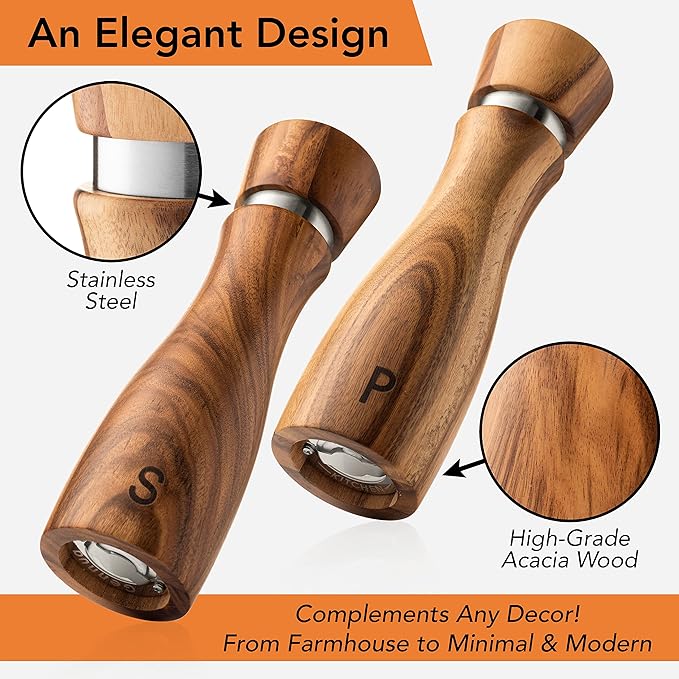 Wooden Salt and Pepper Grinder Set: Refillable Salt & Pepper Mills Adjust for Customized Coarseness, Crafted of Solid Acacia Wood with Ceramic/Stainless Steel Core, 8 Inches Each