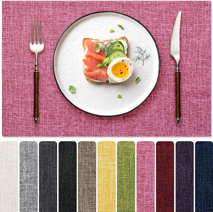 Blue Forest Placemats Set of 6, Dual-Layered Thickened Faux Linen Cloth Place Mats Heat Resistant Machine Washable Wrinkle Free Table Mats Indoor/Outdoor (Hot Pink)