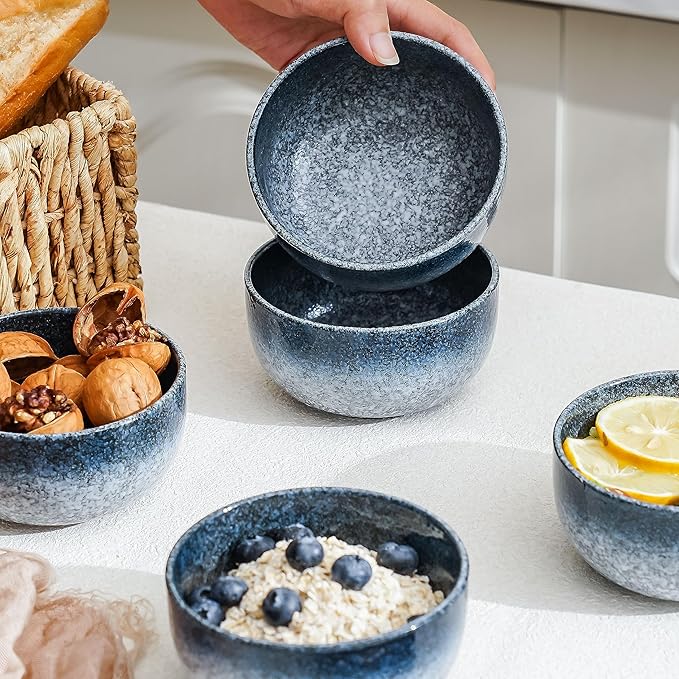 S&Q'S CERAMICS Ceramic Small Bowls for Kitchen, Set of 6, 9 ounce Ice Cream Bowls, Soup, Dipping, Side Dishes, Condiments, Snack, Prep, Microwave and Dishwasher Safe (Dark Blue)