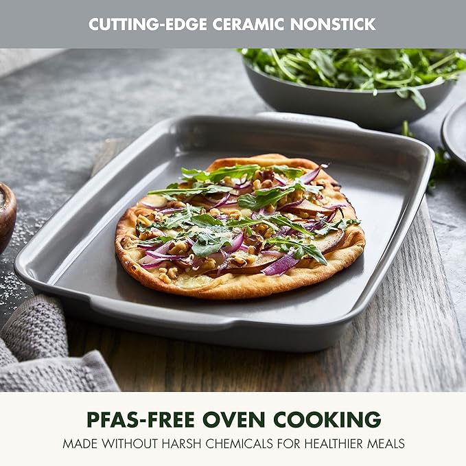 GreenPan Premiere Ovenware Healthy Ceramic Nonstick 13" x 9" Quarter Sheet Baking Pan, PFOA & PFAS-Free, Warp-Free Bakeware, Durable Quick Heating, Oven & Broiler Safe to 600F, Dishwasher Safe, Gray