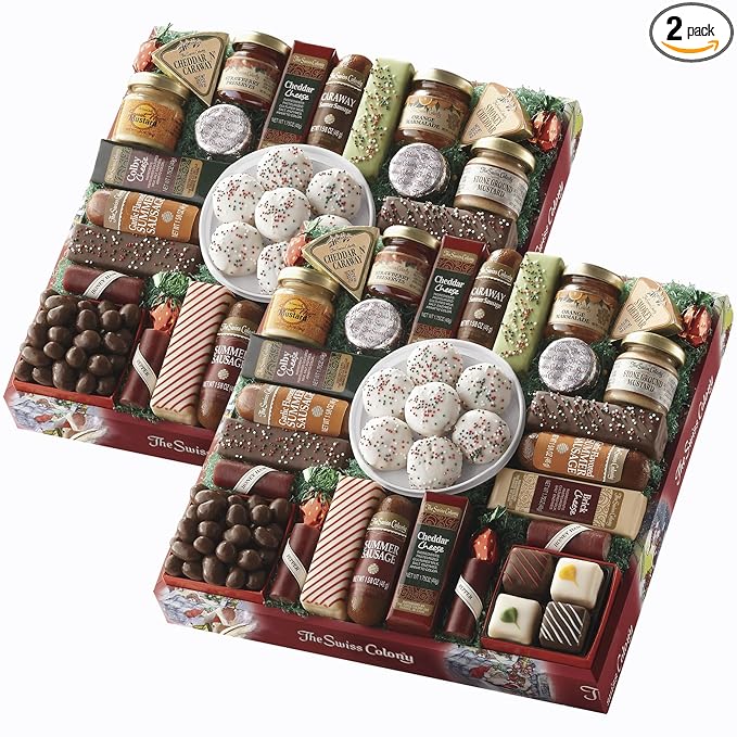 2 Red Gift Boxes - The Swiss Colony 27 Favorites Food Gift Set, Summer Sausage Meats and Cheeses, Assorted Chocolates, Candies, Petits Fours, Cheese & Charcuterie Board Gifts Basket, Holiday Christmas