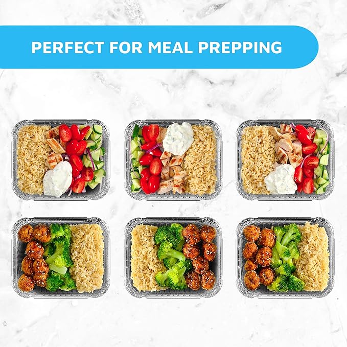 MontoPack Disposable Takeout Pans with Clear Lids | 1lb Capacity Aluminum Foil Food Containers with Strong Seal for Freshness & Spill Resistance | Eco-Friendly & Recyclable | 50-Pack of 5x4” Drip Pan