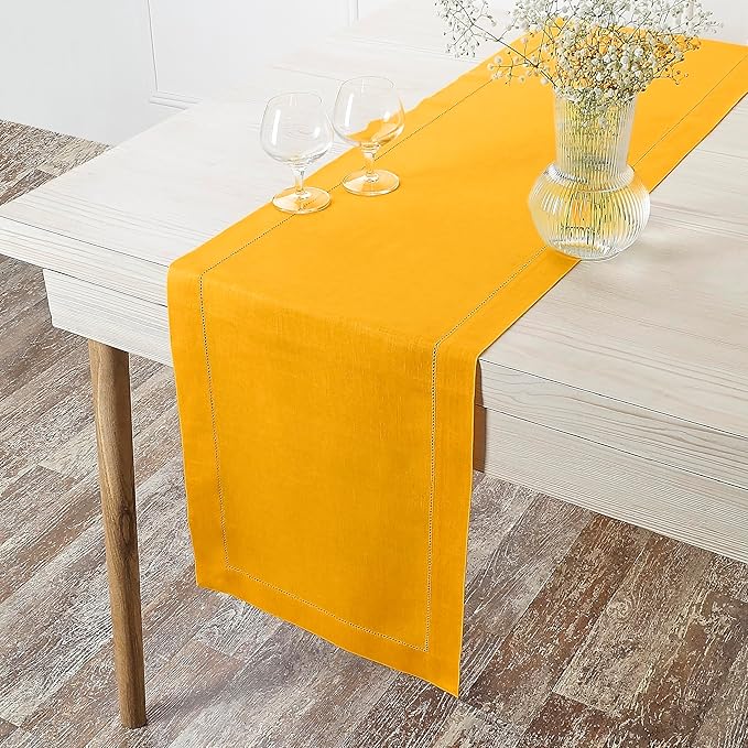D'Moksha Homes Linen Sunflower Yellow Table Runner 54 Inches - Classic Hemstitch, 100% Pure Linen Coffee Table Runner 14 x 54 Inch Ideal for Dresser Tables - Summer, Fall and Halloween