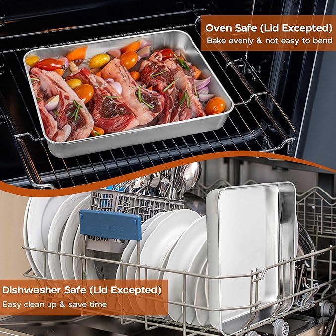 Lasagna Baking Pan Set with Lid, Rectangle 10⅜ x 8⅛ x 2 Inch Stainless Steel Cake Brownie Pan, Non Toxic & Deep