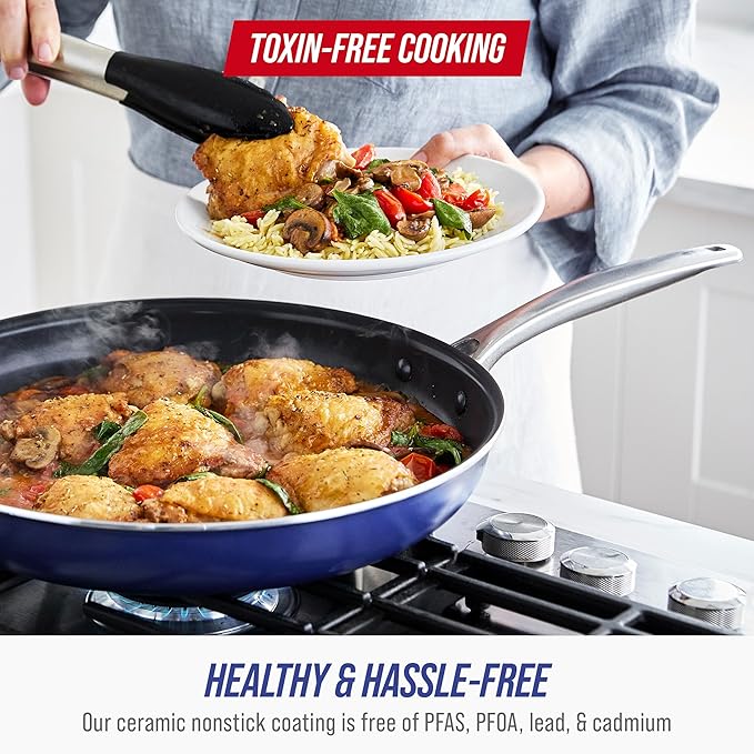 Blue Diamond 20 Piece Nonstick Cookware Set, Diamond Ceramic Pots & Pans, Dishwasher & Metal Utensil Safe, Non Toxic PFAS-Free, Kitchen Cooking Sauce & Saute Pans, Oven & Broiler to 600F, Blue