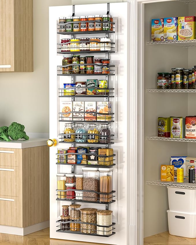 Moforoco 12.2"(W) Narrow 9-Tier Over The Door Pantry Organizer, Pantry Organization and Storage, Black Hanging Basket Wall Spice Rack Seasoning Shelves, Home & Kitchen
