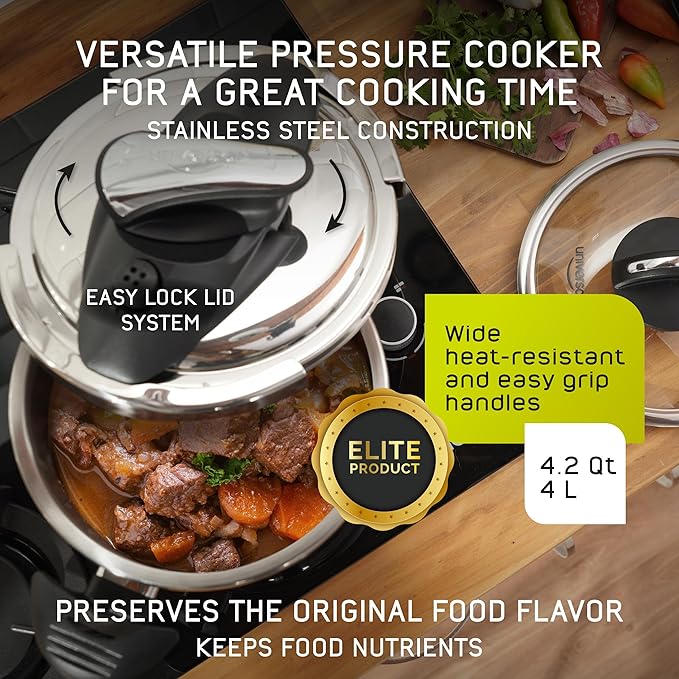 Universal (4.2 Quart / 4 Liter) Small Stainless Steel Easy Use Pressure Cooker + Extra Glass Lid, 5 Servings, Induction Compatible, Multipurpose Pot & Pressure Cooker