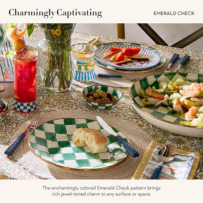 MACKENZIE-CHILDS Enamel Relish Dish, Small Serving Bowl for Entertaining, Green-and-White Emerald Check