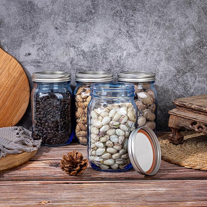 WELLIFE Wide Mouth Mason Jars,4 Pack Blue Mason Jars 32 OZ,Mason Jar for Decor Canning & DIY Crafts,Food Storage,Fermenting,Pickling,Meal Prep