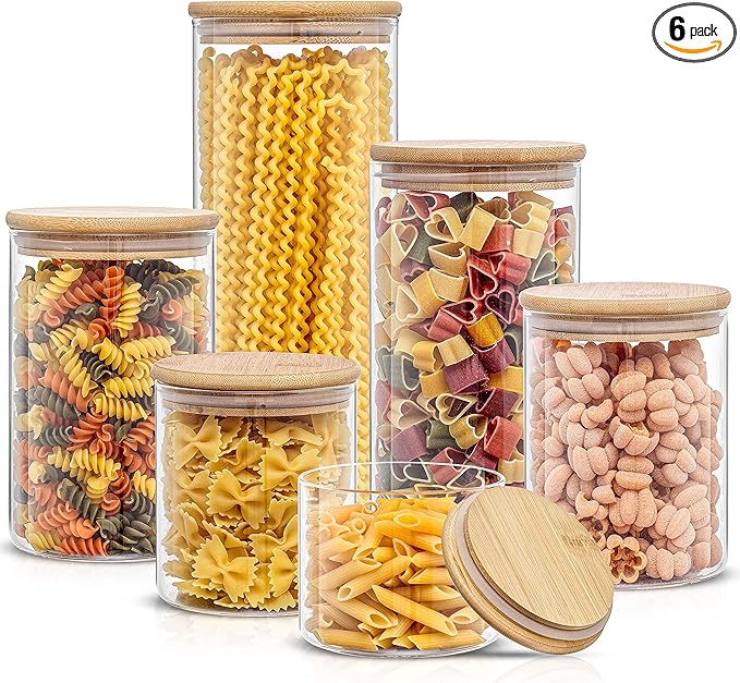 JoyJolt Borosilicate Glass Jars With Bamboo Lids. 6 Pc Set of Air Tight Sealable Containers. Food Jar Canisters with Airtight Lid for Pantry Storage and Kitchen Organization.
