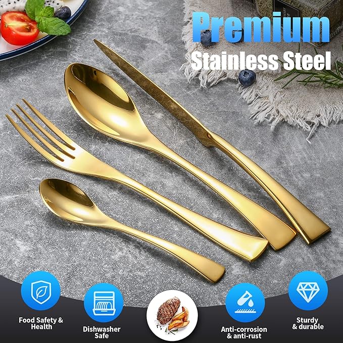 Lemeya 24-Piece Gold Silverware Set for 6,Heavy Duty 18/10 Stainless Steel Cutlery Set with Forged Stand Knife,Modern Flatware Utensils Set,Forks Spoons and Knives Set,Mirror Polished,Dishwasher Safe
