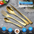 Lemeya 24-Piece Gold Silverware Set for 6,Heavy Duty 18/10 Stainless Steel Cutlery Set with Forged Stand Knife,Modern Flatware Utensils Set,Forks Spoons and Knives Set,Mirror Polished,Dishwasher Safe