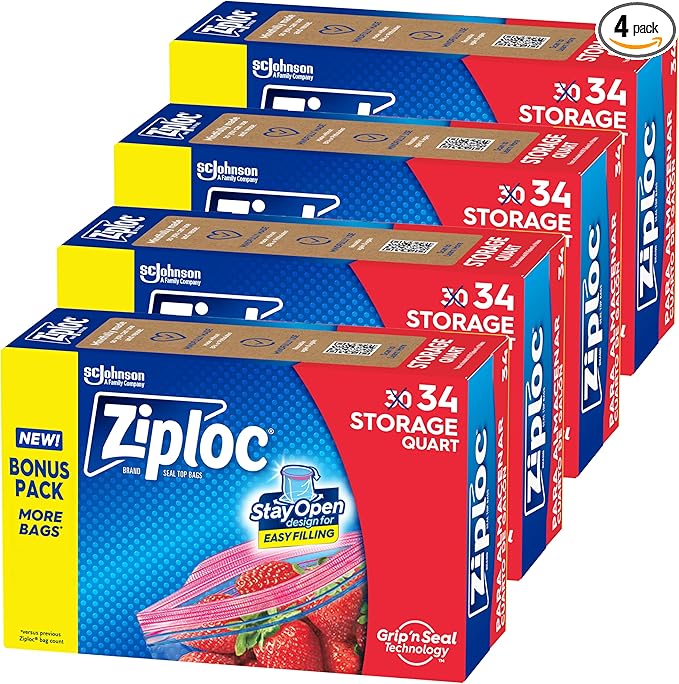 Ziploc Quart Food Storage Bags, Stay Open Design with Stand-Up Bottom, Easy to Fill, 136 Count