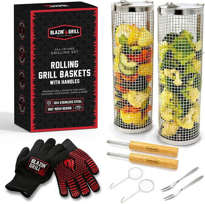BLAZIN' GRILL Rolling Grill Basket with Removable Handle | 2 x Grilling Basket & Smoker Accessories | Grill Baskets for Outdoor Grill with BBQ Gloves | Barbecue Grill Baskets for Vegetables, Seafood & Meat