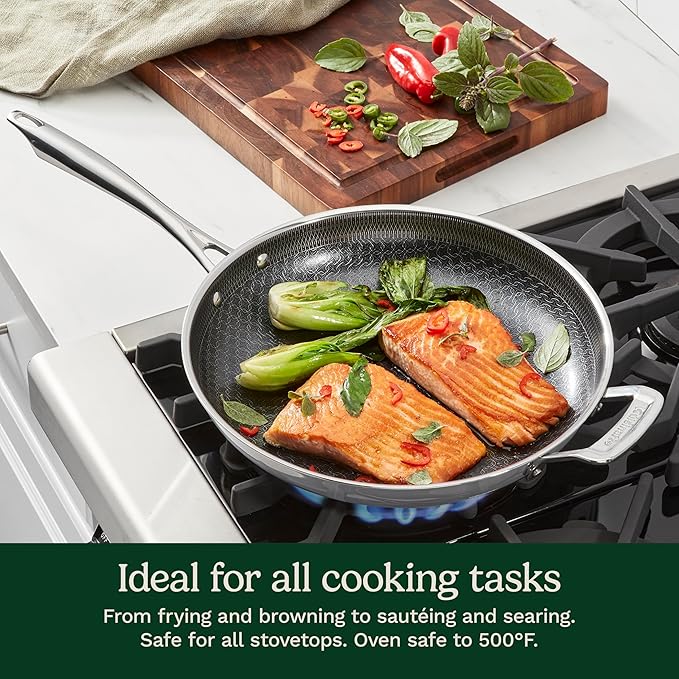 Cuisinart FusionElite+ Nonstick Tri-Ply Stainless Steel Skillet, 12″ Skillet Frying Pan with Helper, PURELYSEAR Ceramic Nonstick Technology, Scratch Proof, Cool Grip Handles, Dishwasher Safe