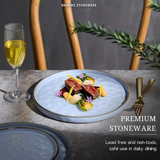 HaWare Stoneware Dinner Plates Set of 6, 10" Heavy Duty Ceramic Plate, Reactive Glaze Ripple Dinnerware for Home Restaurant, Chip and Scratch Resistant, Microwave and Dishwasher Safe, Reactive Blue