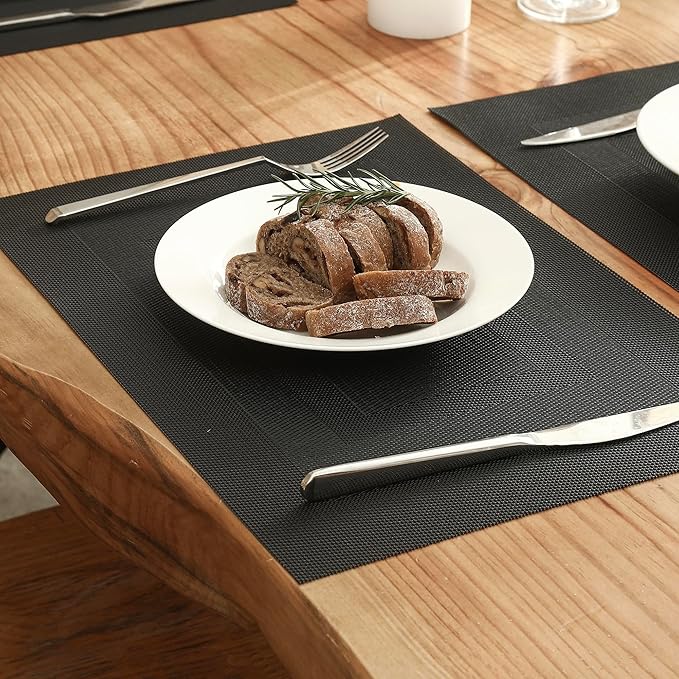 Leetaltree Black Frame Placemats Set of 8 - Heat Resistant Non-Slip Place mats for Dining Table, Washable Durable PVC Vinyl Woven Table Mats（Black Frame, 8）