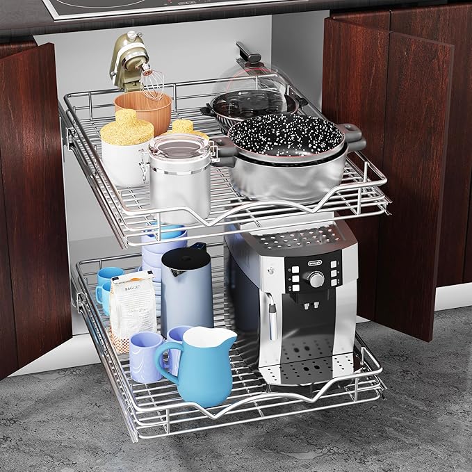 HOLDN’ STORAGE Two Tier Pull Out Cabinet Organizer, Individual Sliding Drawers - Heavy Duty Metal with Lifetime Limited Warranty - Anti Rust Chrome Finish - 14.5" W x 21”D x 16.5" H