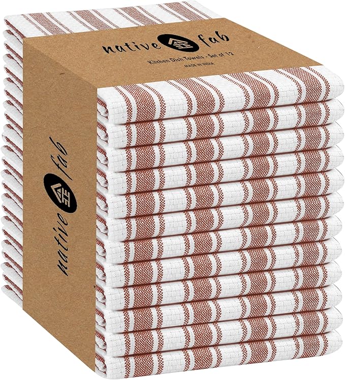 Native Fab Kitchen Dish Towels 16x26 inches - Set of 12 - Basket Weave 100% Cotton Striped Tea Towels, Wash Cloths for Drying Dishes, Absorbent Hand Towels with Hanging Loop - Rust