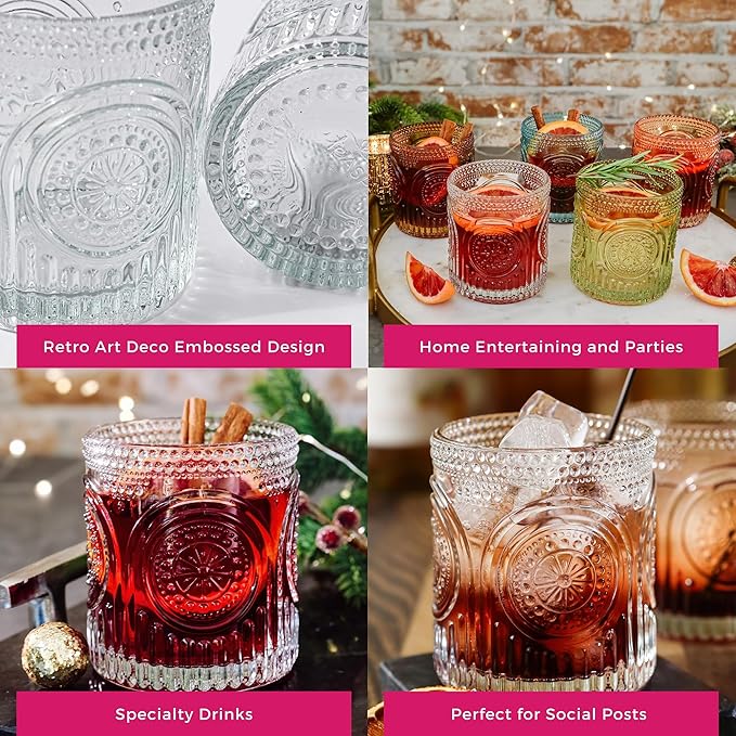 Kate Aspen Ribbed Retro Arch Floral Clear Drinking Glasses Set of 6, (10 oz) Vintage Glassware Set Cocktail Glass Set, Juice Glass, Water Cups | Great Hostess Gift & Gift for New Home Owners