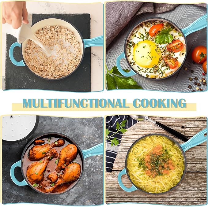 E-far Enameled Cast Iron Sauce Pan, 2 Quart Dutch Oven Saucepan with Lid, Small Sauce Pot for Cooking, Boiling, Healthy & Non Toxic, Induction & Oven Safe, Light Blue