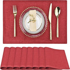Red Christmas Placemats Set of 8 - Festive Easy to Clean Linen-Style Fabric Table Mats - Machine Washable & Heat Resistant Non-Slip Design for Thanksgiving and Holiday Dining (Wine Red, 8)