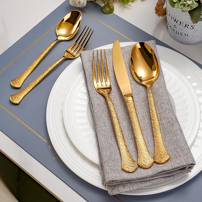 20-Piece Hammered Gold Silverware Set for 4, 18/10 Stainless Steel Flatware Set, Heavy Weight, Dishwasher Safe, Ideal for Wedding Gift