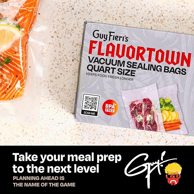 Guy Fieri's Flavortown 8" x 10" Vacuum Seal Quart Bag - 44-Count BPA-Free Food Storage Bags, Freezer Safe, Locks in Flavor & Freshness, Durable Kitchen Bags for Meal Prep & Preservation