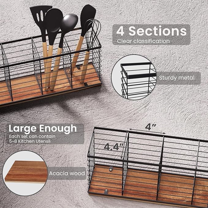 Extra Large Kitchen Utensil Holder with 4 Compartments,Metal Utensil Organizer with Acacia Wood Base for Kitchen Countertop, Flatware Organizer for Silverware and Cooking Utensils Crocks