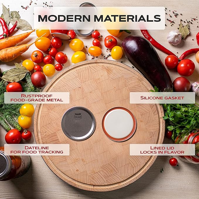 FORJARS - Wide Mouth Canning Lids, 100-Pack – Create Airtight Seals on Mason Jars to Preserve Food for Meal Prep & Emergency Food Storage – 3.4 In. Metal Lids with Silicone Seals – Canning Supplies