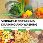 Premium 18/8 304 Stainless Steel Large Colander Set of 3, Comfortable Micro-Perforated Shallow Strainers, 5.5-7-10 Quart Tray Set, Self-Draining Solid Base for Pasta, Fruits, Vegetables