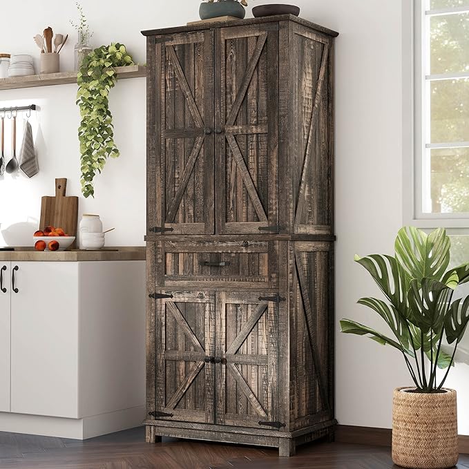 YITAHOME 72.6" H Farmhouse Kitchen Pantry Cabinet, Freestanding Tall Storage Cabinet with 4 Doors, Drawer and Adjustable Shelves, Tall Cupboard for Dining Room, Living Room, Dark Rustic Oak