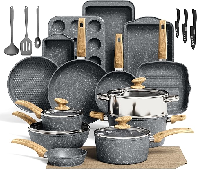 Kitchen Academy Induction Cookware & Bakeware Set - 30 Piece Grey Granite Cooking Pans Set, Non Toxic Pots and Pans Set Non Stick