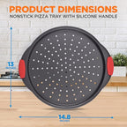 NutriChef Non-Stick Pizza Tray with Silicone Handles, 4-Pack Round Steel Non-Stick Pans with Perforated Holes, Premium Bakeware, Pizza Trays with Silicone and Oversized Handles, Dishwasher Safe