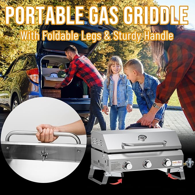 Tabletop Gas Griddle with Foldable Legs, Portable 3-Burner Propane Gas Grill Griddle Flat Top for Outdoor Cooking Patio Barbecue Camping Tailgating RV BBQ, Stainless Steel, #GS309
