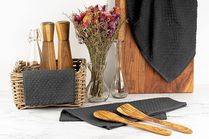 Super Absorbent Kitchen Towels 12 Pack - Premium 100% Cotton Kitchen Towels, 450GSM Thick Machine Washable Black Dish Towels for Kitchen Drying, Cleaning, Dobby Weave, Unmatched Quality