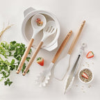 Silicone Cooking Utensils Set, MONGSEW Heat Resistant Kitchen Utensils for Cooking with Wooden Handle, Spatula Turner Spoon Tongs Whisk (WHITE, Smile Dog Pattern)