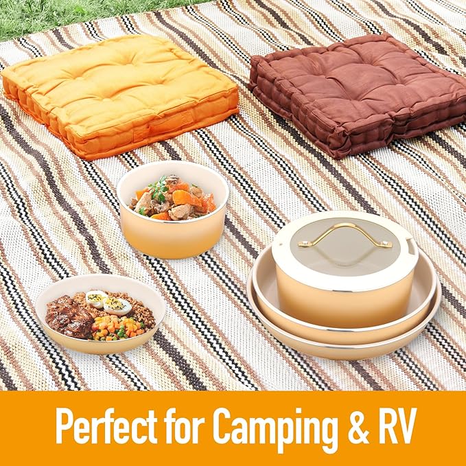 20pcs Ceramic Cookware Set Nonstick, Detachable Handle Pots and Pans Set, Non Toxic,No PFAS & PTFE & PFOA, Dishwasher/Oven Safe, RV Kitchen Set Removable Handle for Cooking, Yellow