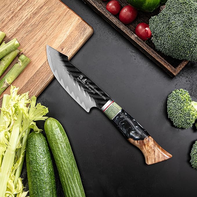 SHANGDAO Damascus Utility Knife 4.8 Inch Fruit Knife with Leather Sheath 67 Layers Alloy Steel Peeling Cutter - Hand Forged Resin & Wood Handle QILIN Series