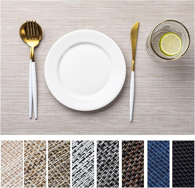 LEXMORE PlaceMats Set of 12 Vinyl/Plastic Woven Place Mats for Kitchen Table Indoor/Outdoor Washable PlaceMat Wipeable Dining Table Mats(Beige)