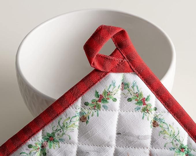 Maison d' Hermine 100% Cotton Oven Mitt & Pot Holder Set (7.5"x13" & 8"x8") Heat Resistant BBQ Cooking Gloves with Loop, Baking, Grilling, Kitchen, Handling Hot Pans (Christmas Tradition)