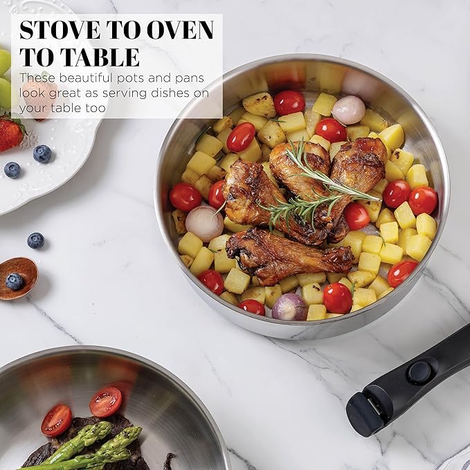 Country Kitchen Cookware Set with Removable Handle, Oven & RV Safe Pots and Pans Set, Stainless Steel, Original